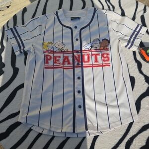 Peanuts Shirt Mens L White Blue Pinstripe Baseball Jersey Snoopy Charlie Brown